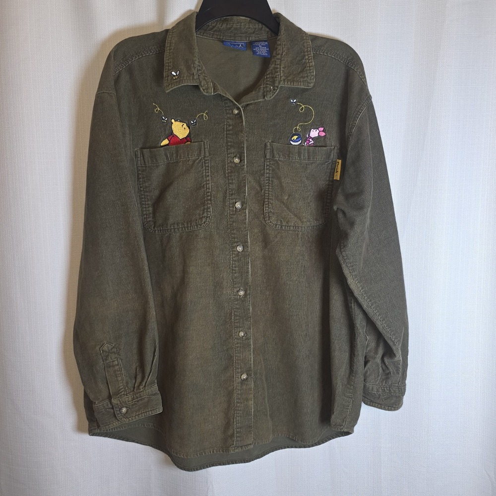 Vintage Disney Pooh Corduroy Button Down Shirt XL OliveBrown Winnie Piglet